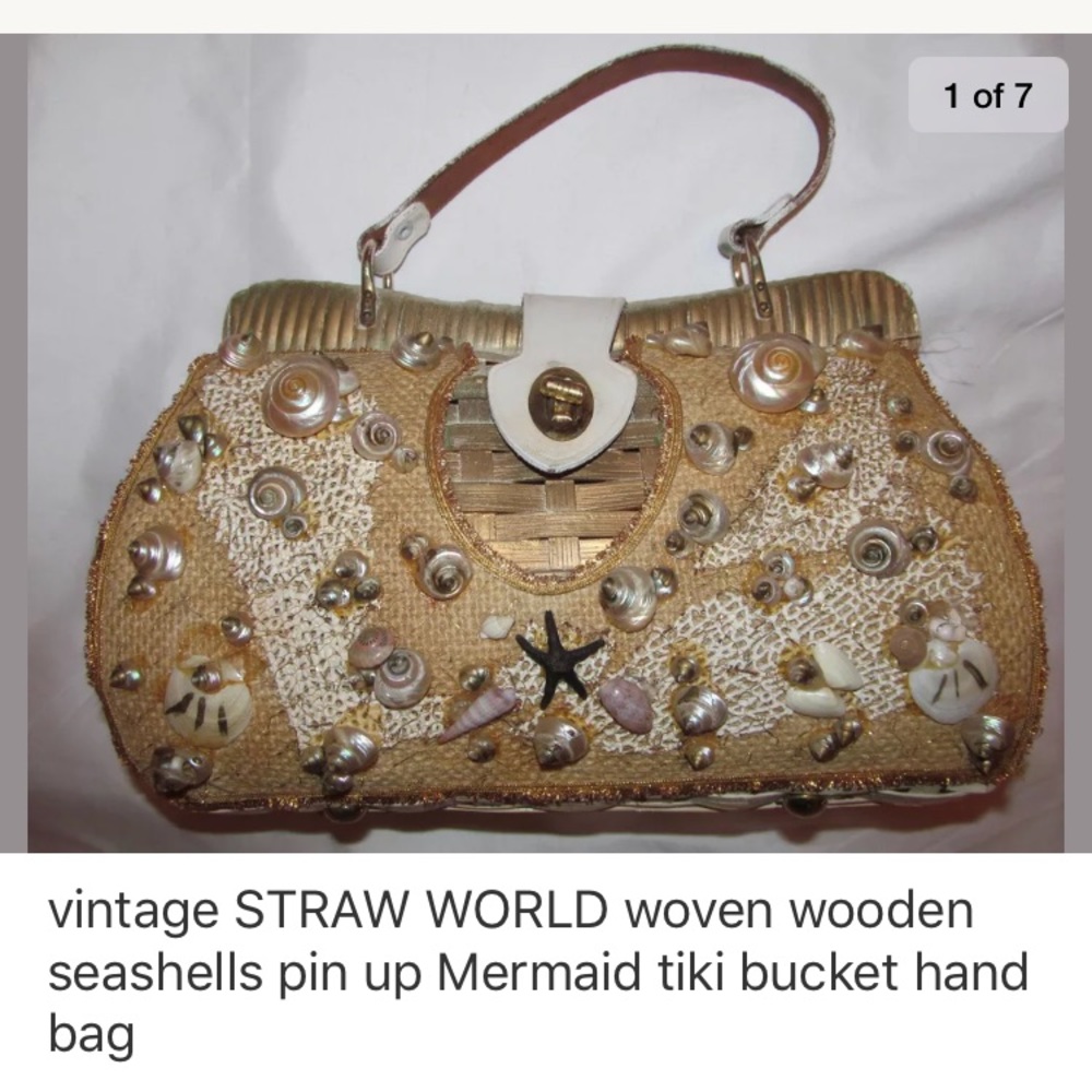Vintage 60's wooden woven shells mermaid hand bag